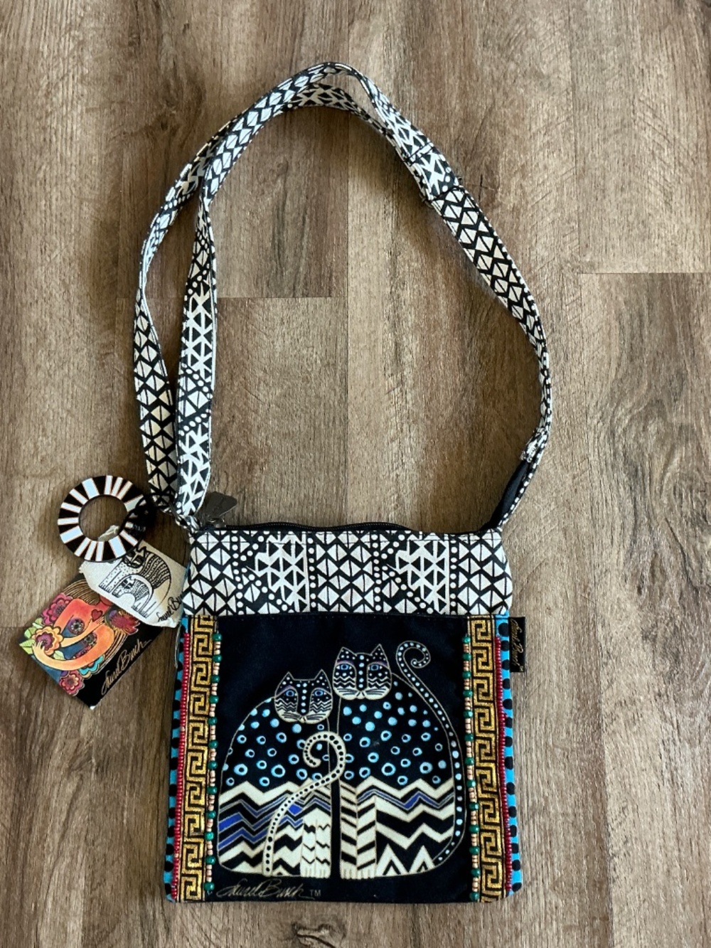 LAUREL BURCH Purse Crossbody Bag Cat Kitten 10" Zipper Multicolor Egypt Beaded
